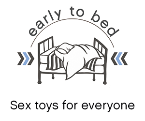 The Early to Bed logo, which shows an illustrated black and white bed against a white background. This image reads, "early to bed - Sex toys for everyone"