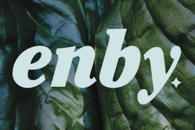 The Shop Enby logo in pastel green letters above a leafy background.
