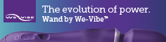 An affiliate banner for We-Vibe. The image shows a purple We-Vibe Wand laying on its side. Above it, there are white letters that read "The evolution of power. Wand by We-Vibe (TM)"